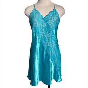 Cinema Etoile Aqua Blue Satin and Sheer Lace Chemise Slip Dress Size Small
